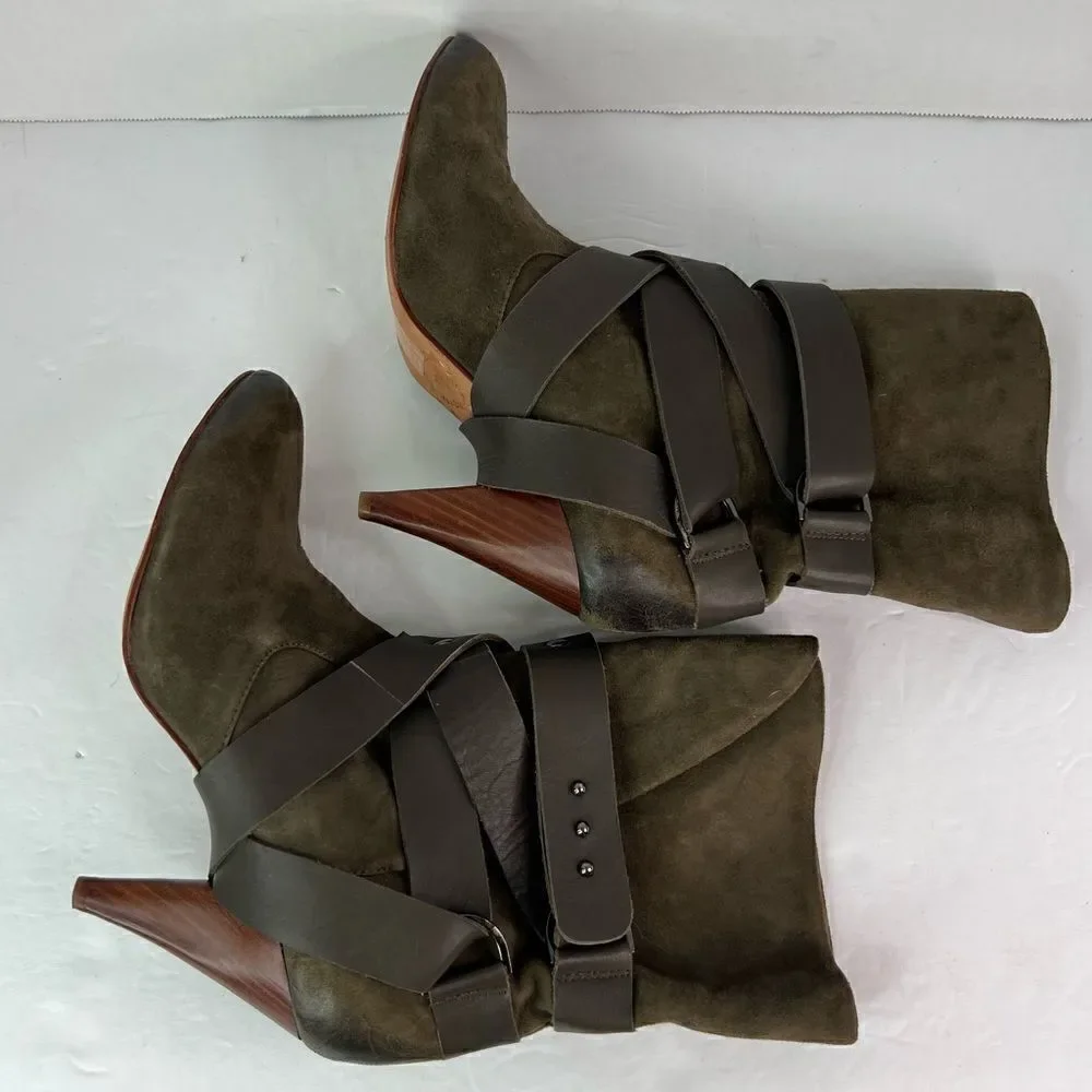 Mea Shadow Cassandra Suede Leather Harness Strap Kitten Heel Green Bootie Sz 8M